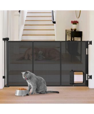 Retractable Pet Gate with Cat Door Mesh Dog Gate for Indoor Outdoor Use