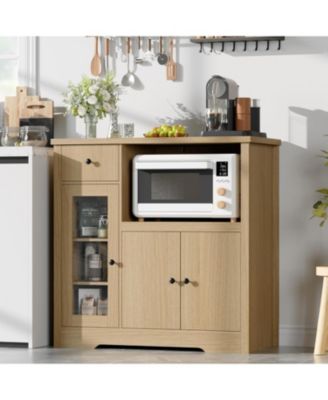 Kitchen Microwave Cabinet with Storage and Drawers, Modern Small Buffet Cabinet with Glass Doors and Adjustable Shelf, Wooden Sideboard