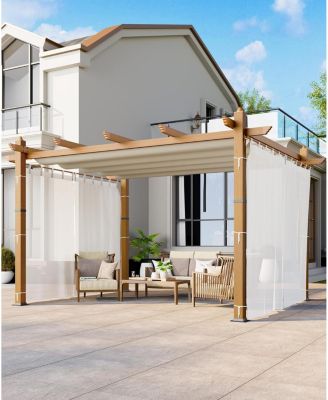 10x13 Ft Retractable Outdoor Pergola with Canopy and Side Mesh, Upgraded Wood-Grain Aluminum Pergola, Modern Pavilion for Backyard, Patio