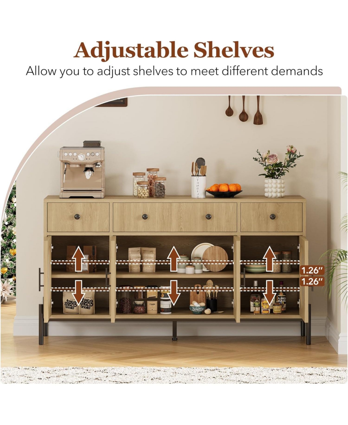 gaomon 62" Modern Sideboard Buffet Cabinet – Large Storage Console Table with Adjustable Shelves and 3 Drawers and 3 Glass Doors for Dining Room