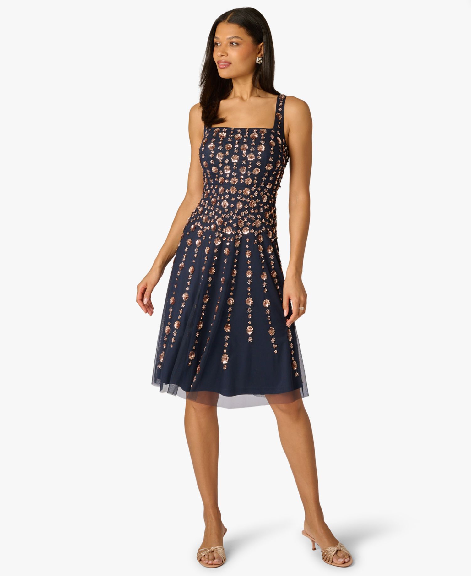 Petite Beaded Square Neck Knee-Length Dress