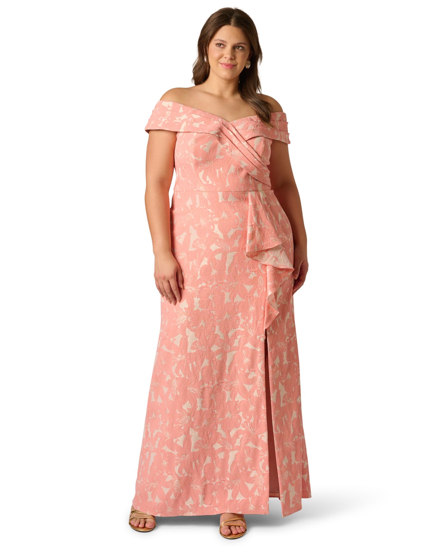 Plus Size Off-The-Shoulder Floral Jacquard Gown