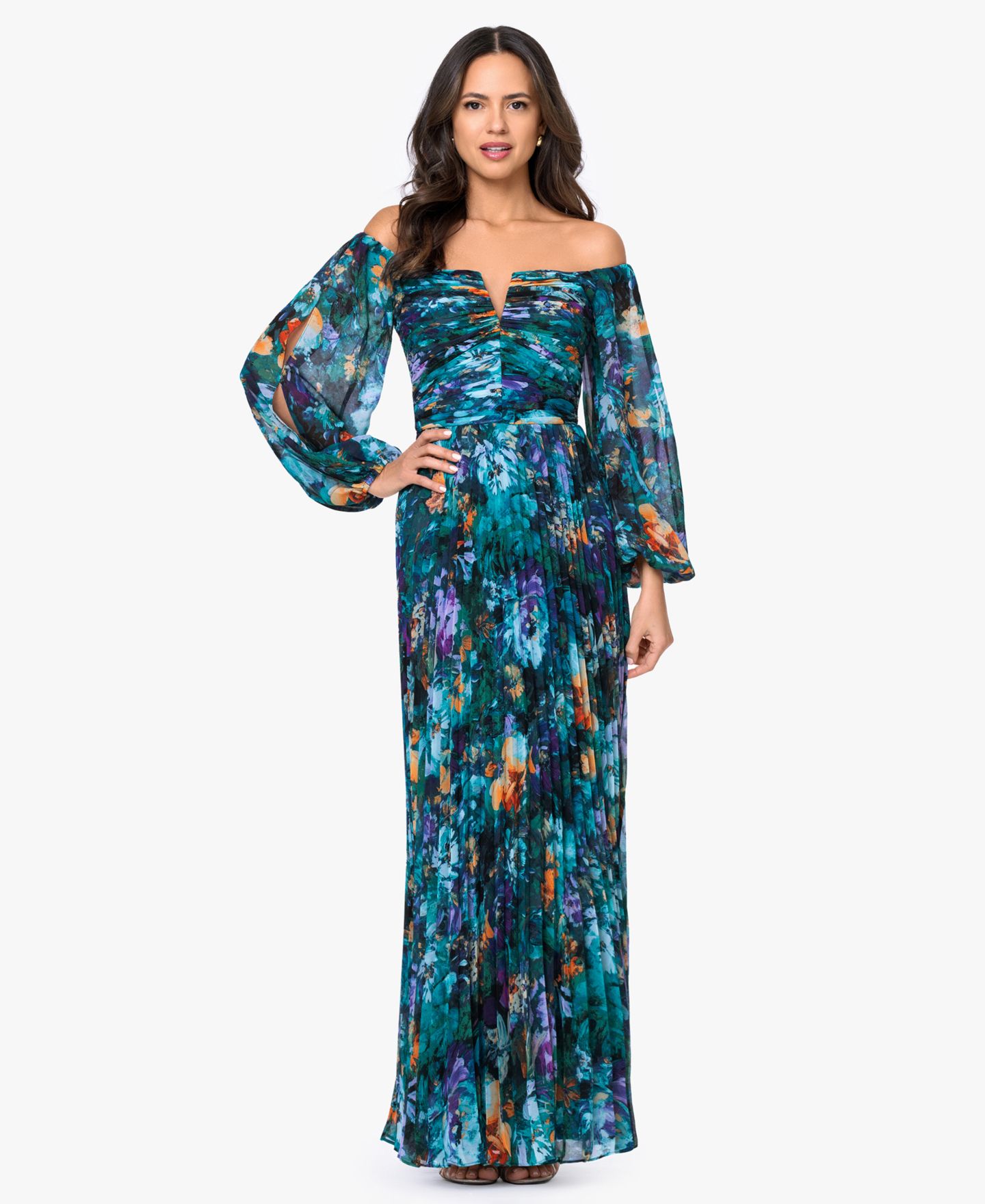 Женские платья XSCAPE Off-The-Shoulder Long-Sleeve Gown, цвет: Разноцветный — фото 1