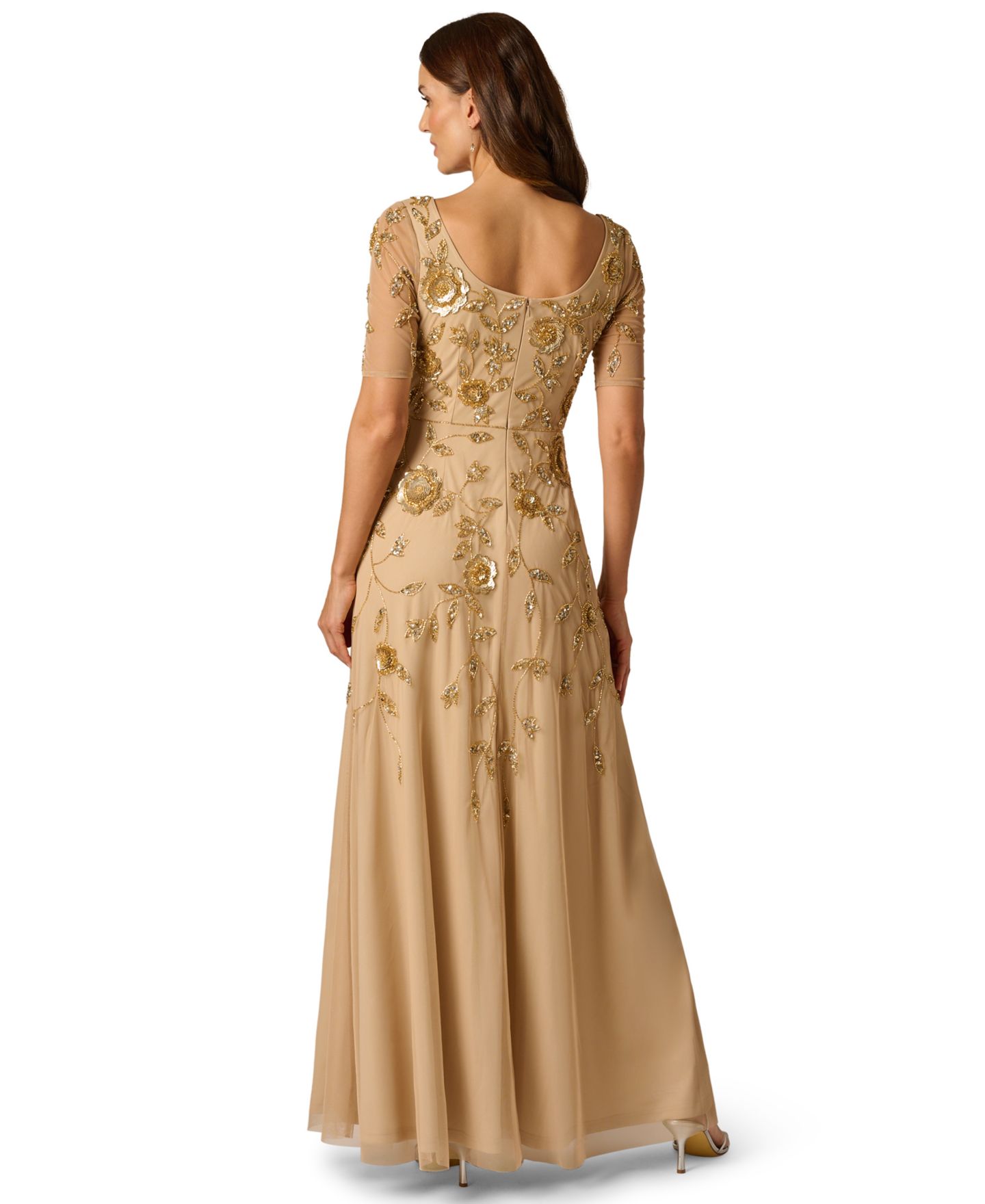 Женские платья Adrianna Papell Short-Sleeve Floral Beaded Mesh Gown, цвет: Шампань золотой — фото 4