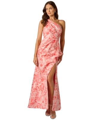 Women's One-Shoulder Floral Jacquard Draped Gown