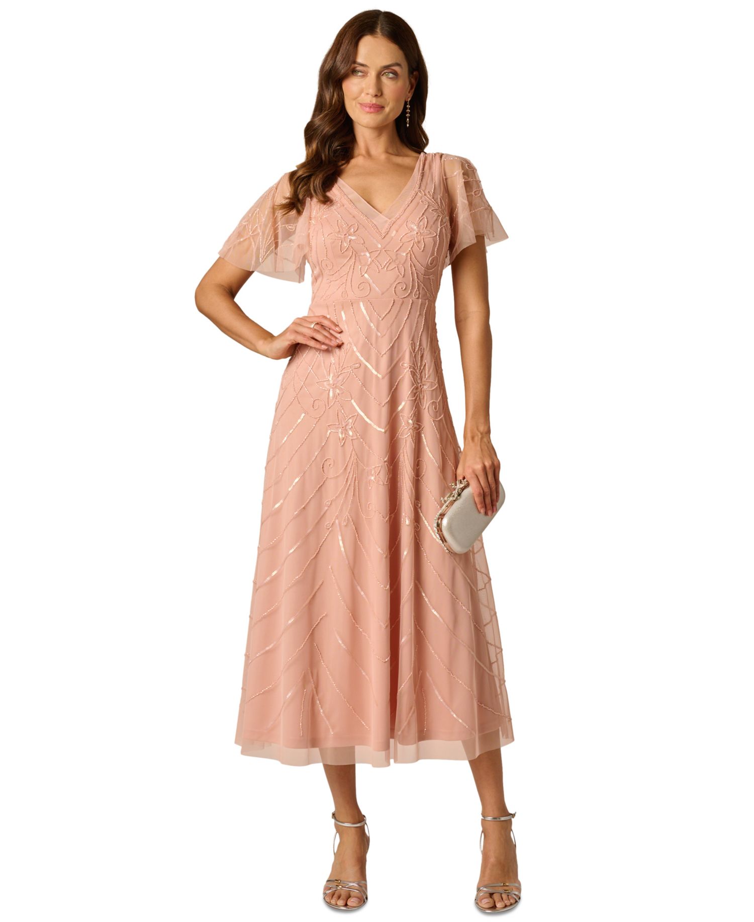 V-Neck Beaded Mesh Flutter-Sleeve Dress