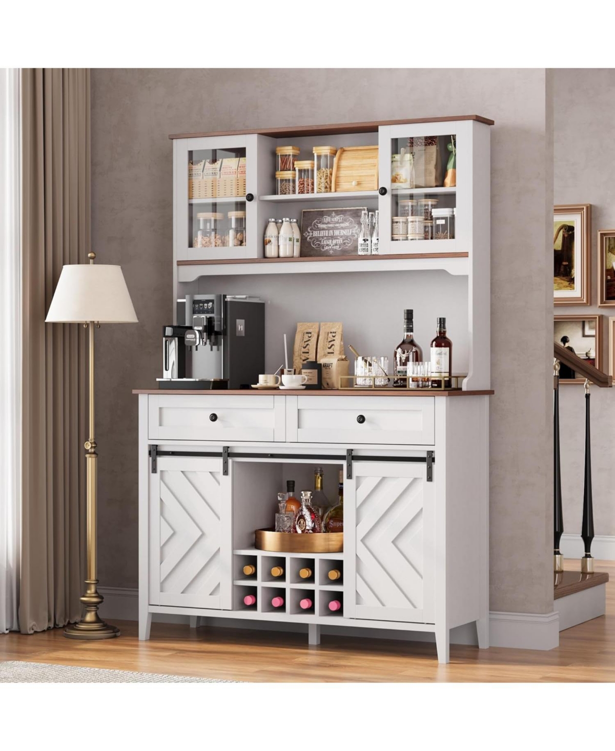 gaomon 72" Farmhosue Bar Cabinet with Sliding Barn Door, Large Kitchen Buffet with Hutch Wine with Charging Station, 2 Drawers, 8 Storage Shelves