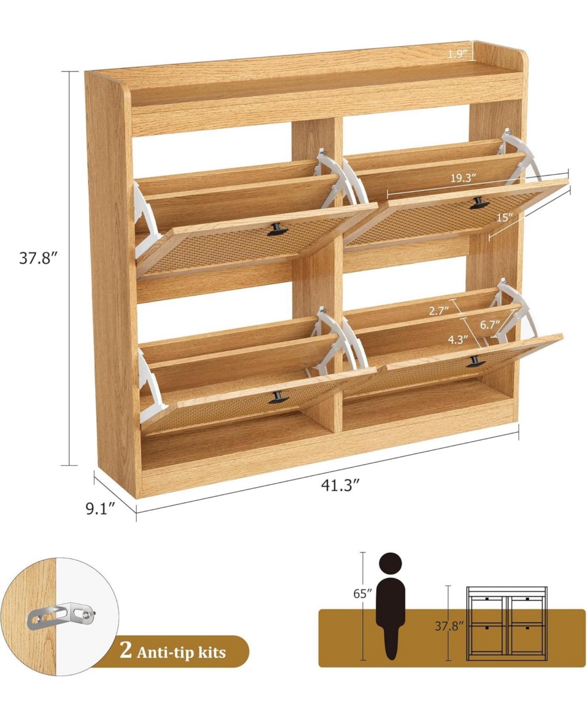 gaomon Shoe Cabinet with 4 Deep Flip Drawers, Freestanding Wooden Shoe Storage Cabinet with Rattan Door and 3-Tier Adjustable Shelves