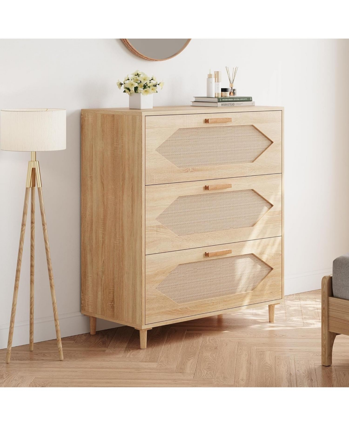 gaomon Dressers for Bedroom, 3 Drawer Rattan Dresser with Spacious Storage, Modern Wood Chest of Drawers, Rustic Oak Wooden Nightstand for Bedroom