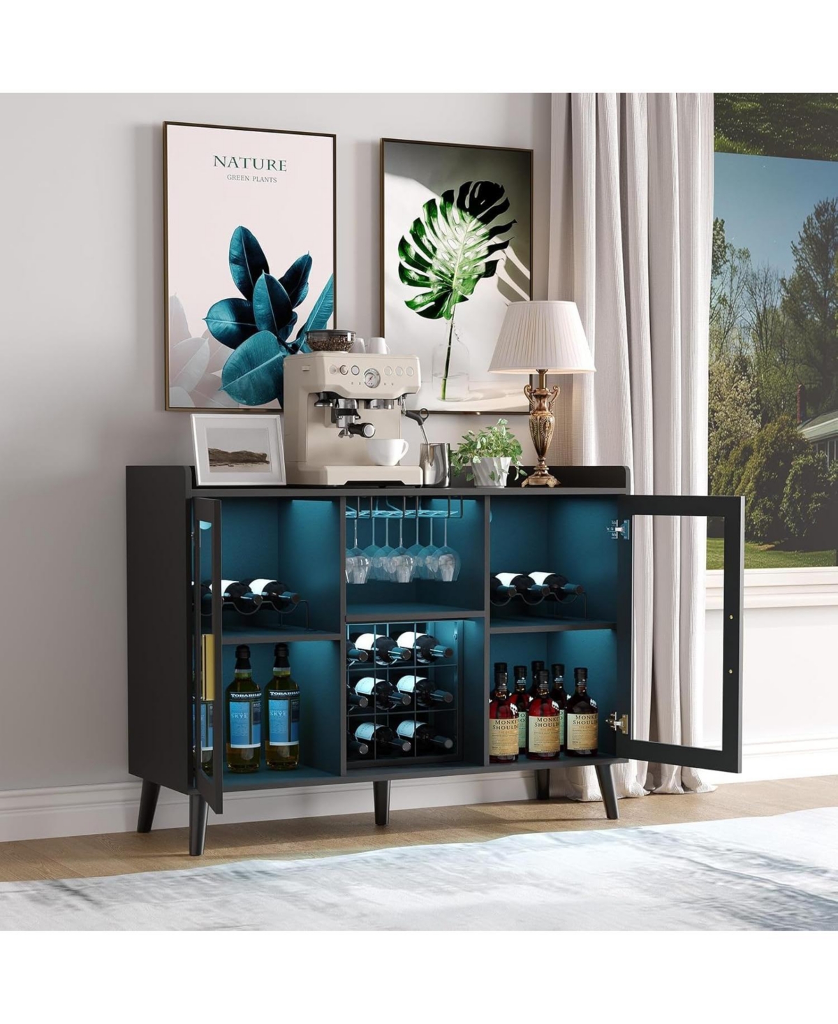 gaomon Wine Bar - Led Lighting, Glass Doors, 18-Bottle Wine Racks, Glass Holders - Wood Coffee Bar Station for Home, Living Room