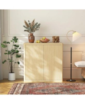 Sideboard, 35 Inch Fluted Wood Coffee Bar Organizer, Modern Pop Up Buffet Table with Storage, Natural Entryway Credenza Furniture