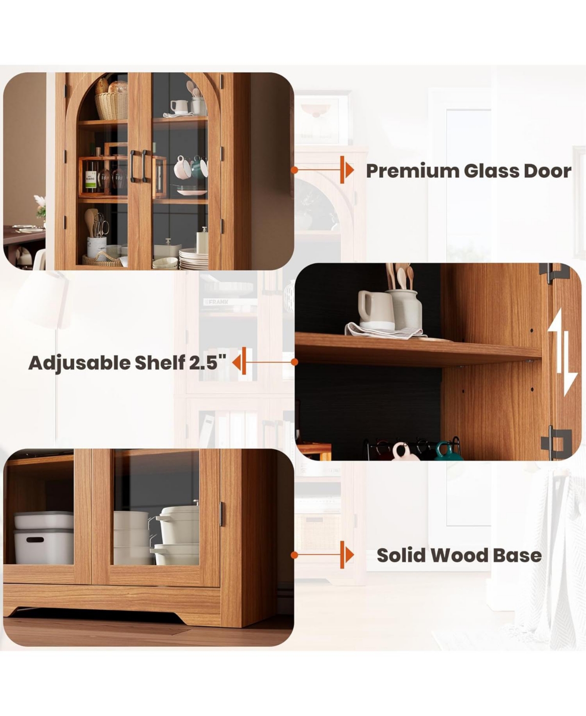 gaomon Kitchen Pantry Cabinet - 70" Tall Storage Cabinet with 4 Arched Glass Doors and Adjustable Shelves, Cupboard Organizers for Kitchen.