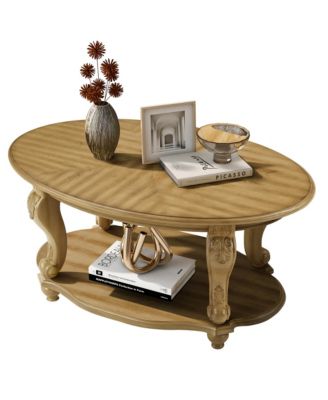 42" Oval Coffee Table, 2-Tier Solid Wood Center Table with Open Storage Shelf for Living Room, Small Space