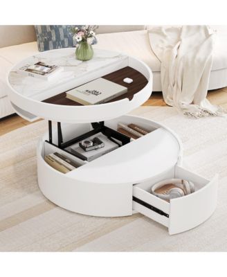 Lift-Top Coffee Table - Marble Veneer and Wood Grain Tabletop, 29.5" Round Center Table with Hidden Storage and 1 Drawer for Living Room