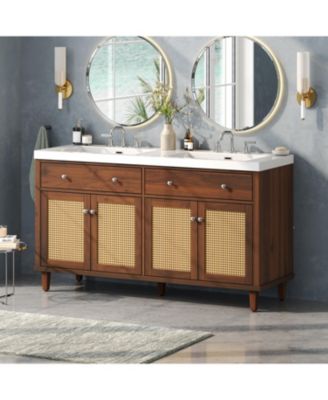 60 Inch Double Sink Bathroom Vanity SMC Sink 2 Flip Out Drawers 4 Soft Close Doors Solid Wood Legs Metal Knobs