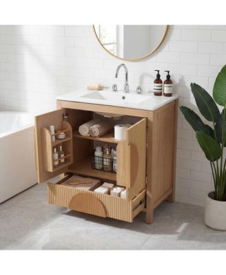 30 Inch Fluted Bathroom Vanity with Sink Freestanding Modern Wood Cabinet Soft Close Doors 1 Drawer Open Storage Circular Accent