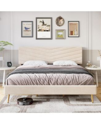 King Upholstered Bed Frame, Velvet Platform Design for Bedroom or Guest Room