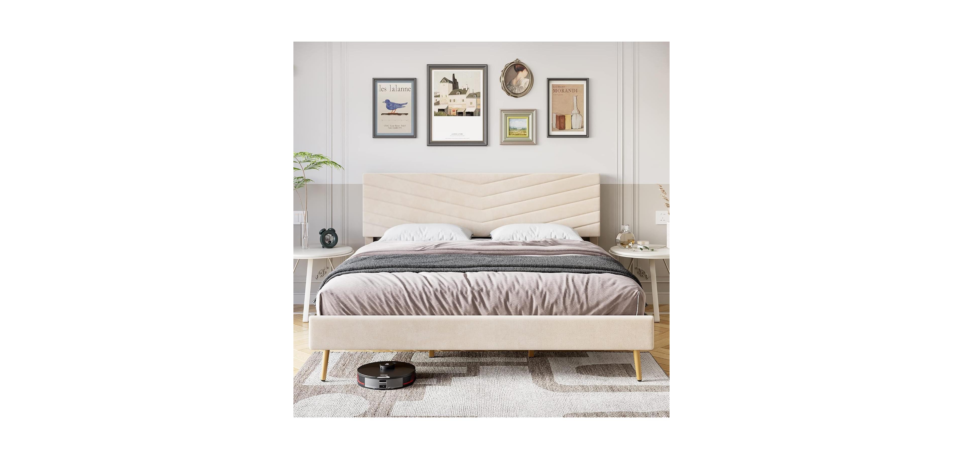 gaomon King Upholstered Bed Frame, Velvet Platform Design for Bedroom or Guest Room