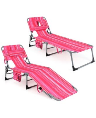 Adjustable Folding Beach Lounge Chair with Face Hole and Pillow