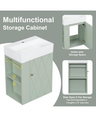 20 Inch Bathroom Vanity with Ceramic Sink, Side Storage Shelves and Towel Bar, Wall Mount Cabinet for Small Spaces