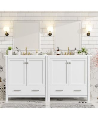 60 Inch Double Bathroom Vanity Set, Freestanding Solid Wood Cabinet with Ceramic Sinks and Soft Close Doors, Modern Storage.
