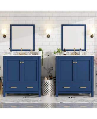 60 Inch Double Bathroom Vanity Set, Freestanding Solid Wood Cabinet with Ceramic Sinks and Soft Close Doors, Modern Storage.
