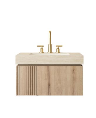 30 Inch Oak Woodgrain Floating Bathroom Vanity with Sink Roma Travertine Stone Top Ceramic Basin Drawer Door Pre Assembled