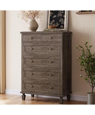 47" Tall Vintage 6 Drawer Dresser with Carved Handles and Tapered Legs Design, Wood Chests of Drawers with Large Capacity Storage