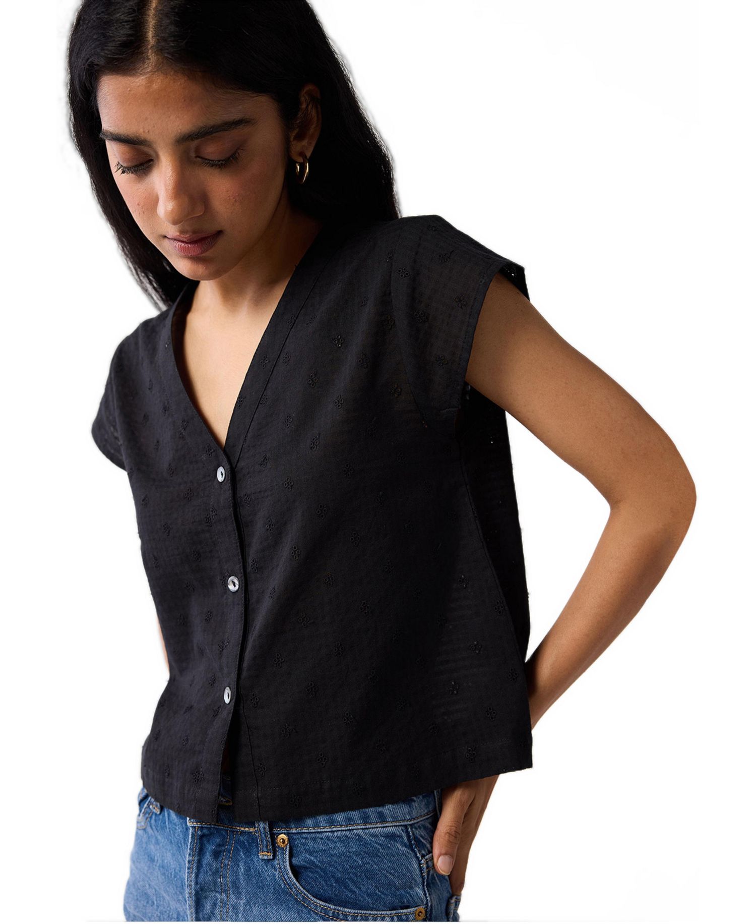Women's V-Neck Embroidered Top with Front Buttons