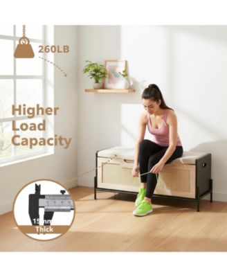 Rattan Storage Bench with Cushion Safety Hinges Shoe Chest for Living Room Bedroom