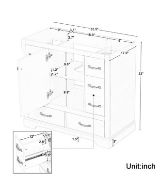 36 Inch Modern Bathroom Vanity Base without Sink, Solid Wood and MDF Cabinet, 6 Drawers and Adjustable Shelf, Freestanding Storage.