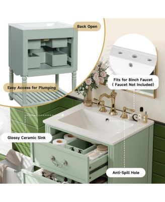 24 Inch Vintage Bathroom Vanity with Ceramic Sink, U-Shaped Drawers and Open Storage Shelf for Small Spaces