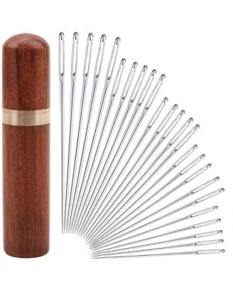 25pcs Hand Sewing Big Eye Needles Solid Wood Case
