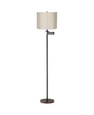 Swing Arm Floor Lamp 60.5" Tall Bronze Embroidered Hourglass Off White Fabric Drum Shade for Living Room Reading Bedroom