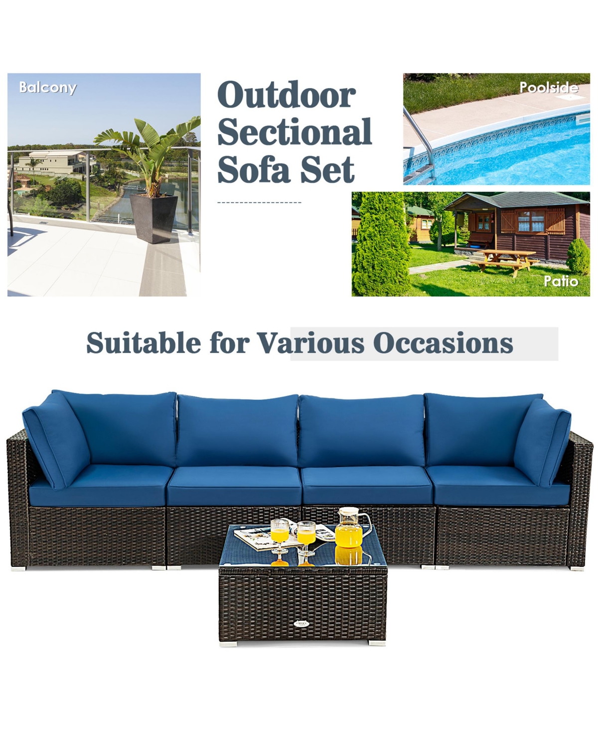 Gymax 5 Pieces Rattan Patio Conversation Set Sofa Furniture Set with Cushions