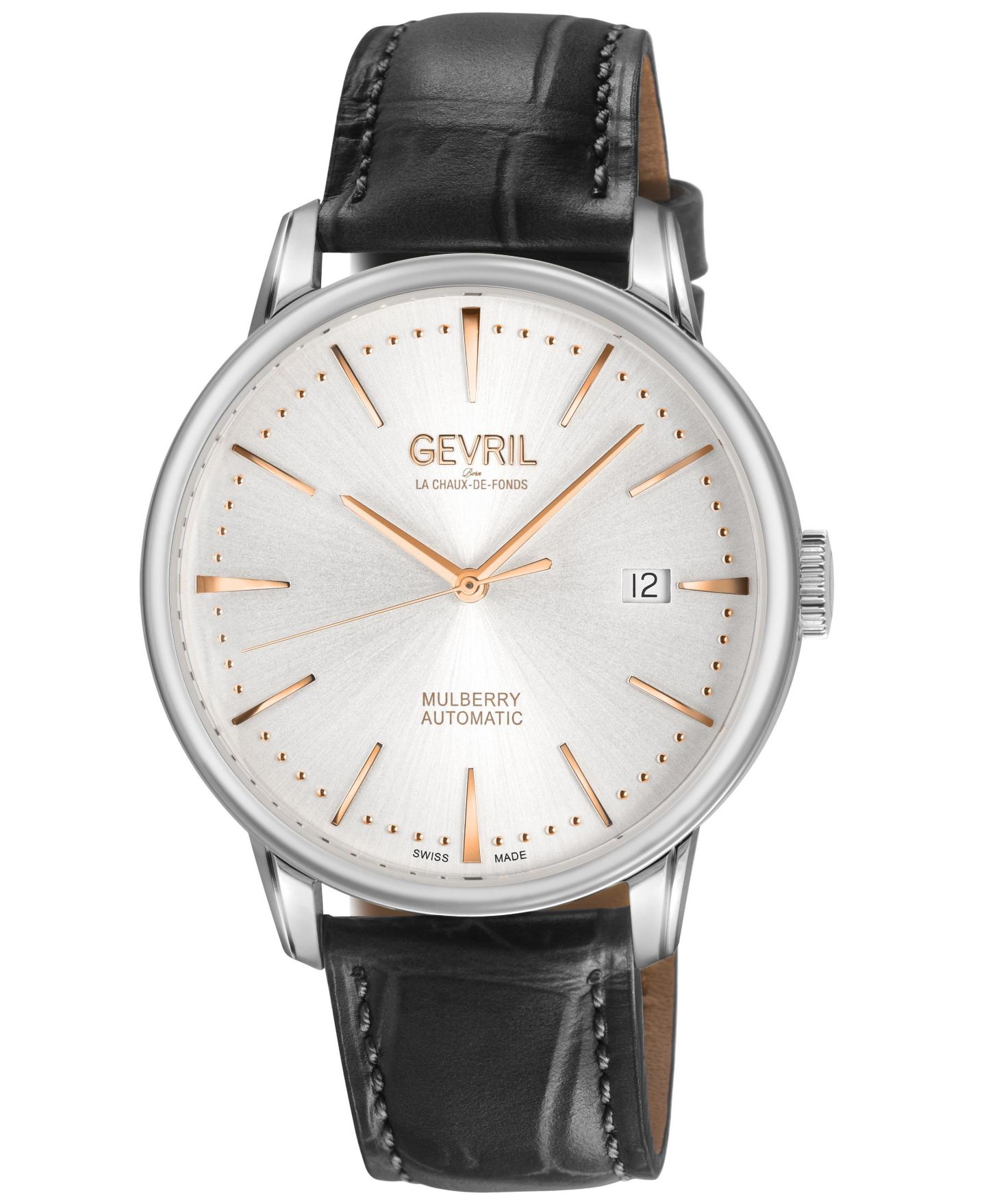 Мужские часы Gevril Mulberry Swiss Automatic Italian Leather Strap Watch, цвет: Серебряный — фото 1
