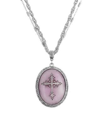 Pewter Cross Oval Rose Quartz Necklace