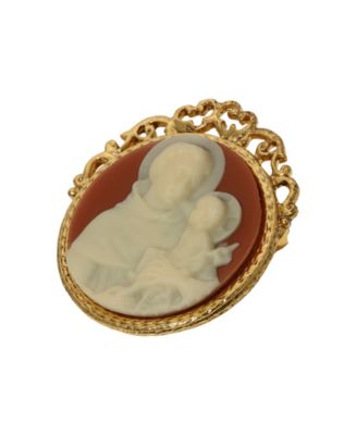Gold Tone St. Anthony Round Pink Cameo Brooch