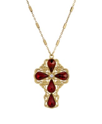 Gold-Tone Garnet Teardrop Crystal Pendant Cross 28" Necklace