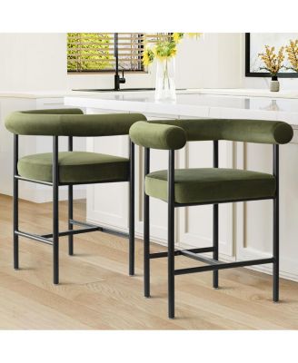 24" Velvet Counter Height Bar Stools with Arms, Metal Frame, Set of 2