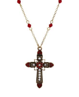 Gold-Tone Cross Center Flower Clear Crystals Siam Bead Chain 16"+3" Necklace
