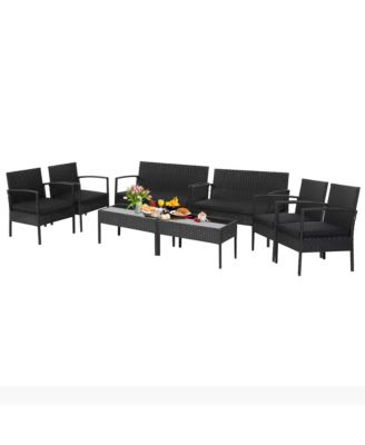 8PCS Rattan Patio Conversation Set Outdoor Wicker Furniture Set w/ Cushions