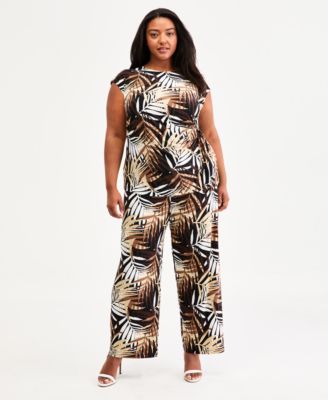 Plus Size Extended-Shoulder Side-Tie Top & High-Rise Pull-On Wide-Leg Pants