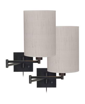 Modern Swing Arm Wall Lamps Set of 2 Espresso Bronze Plug-In Light Fixture Ivory Linen Cylinder Shade Bedroom
