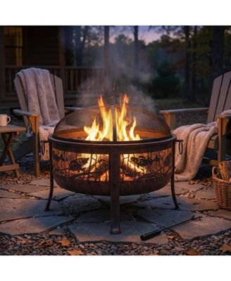 Outdoor Camping or Backyard Steel Northwoods Fishing Fire Pit with Spark Screen - 30" - Bronze