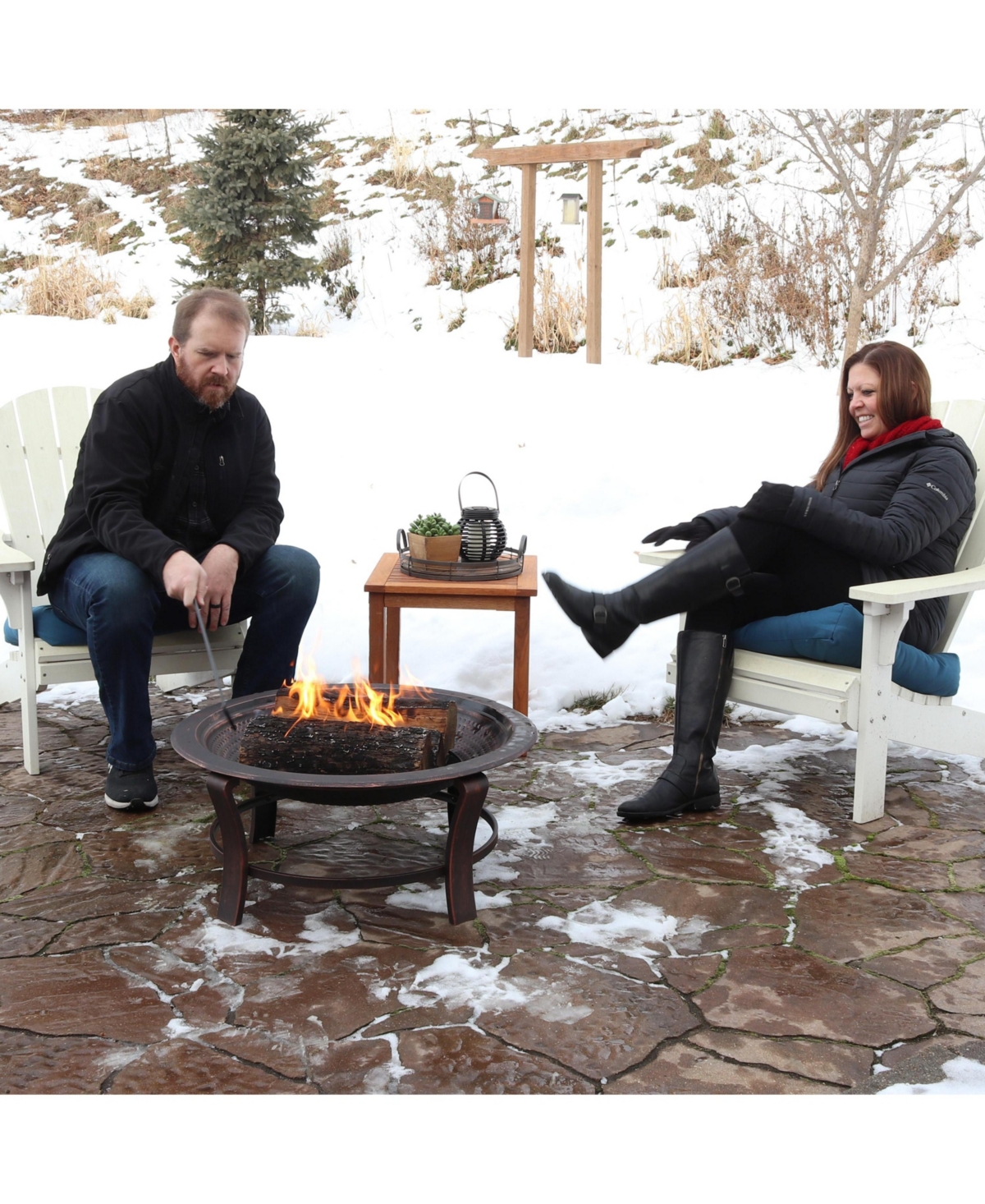 Outdoor Portable Camping or Backyard Elevated Round Fire Pit Bowl with Stand, Spark Screen, Wood Grate, and Log Poker - 29" - Bronze