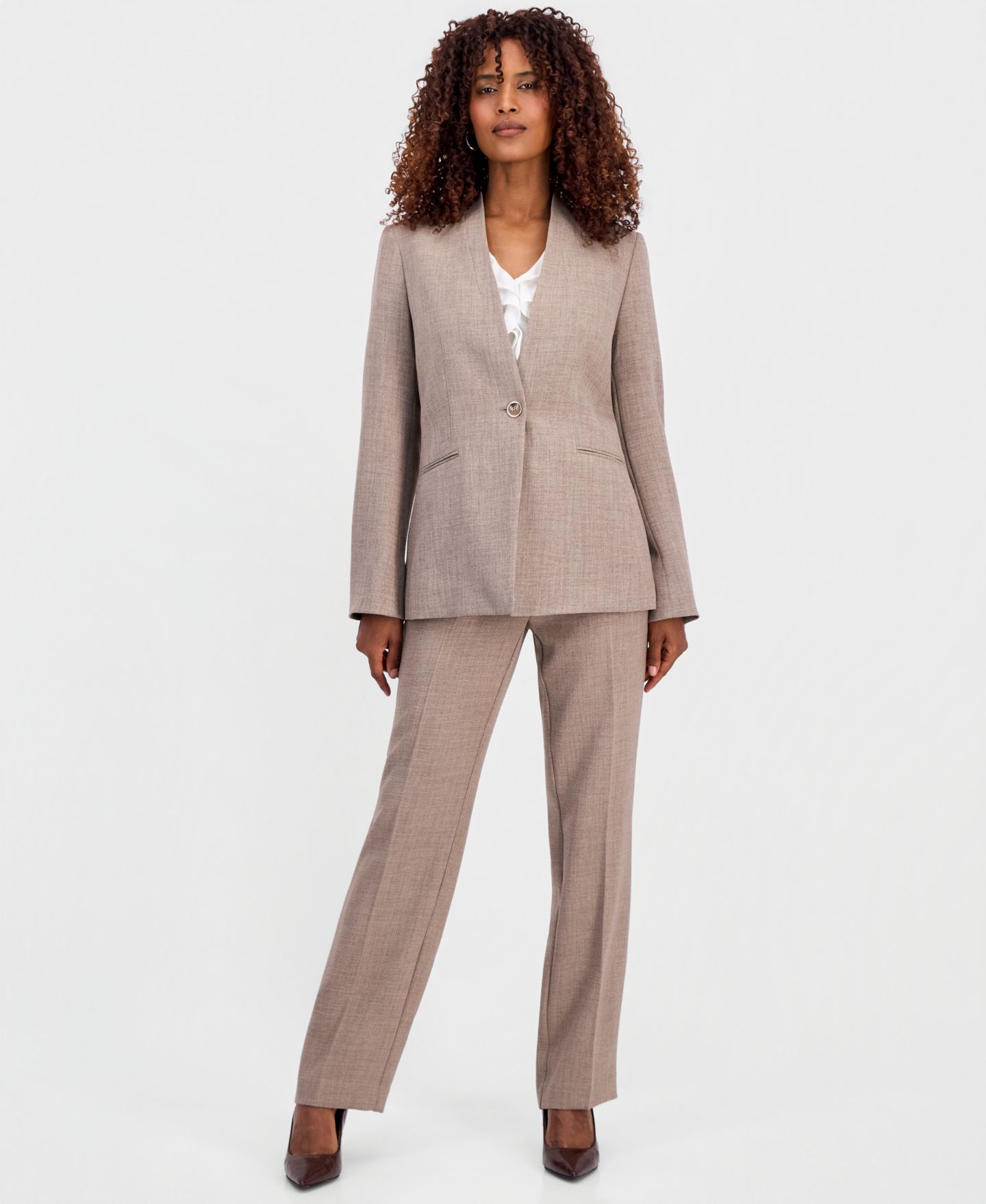 Женские комплекты Kasper Collarless Melange Jacket, Sleeveless Ruffle-Front Blouse & Straight-Leg Pants, цвет: Синий ночной меланжевый — фото 1