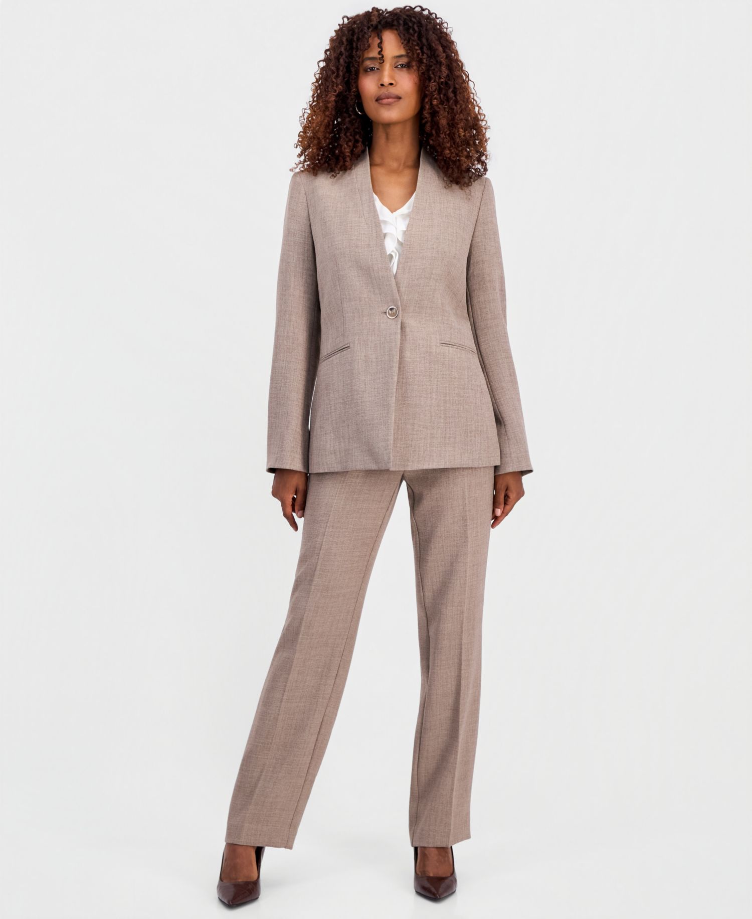 Women's Collarless Melange Jacket, Sleeveless Ruffle-Front Blouse & Straight-Leg Pants