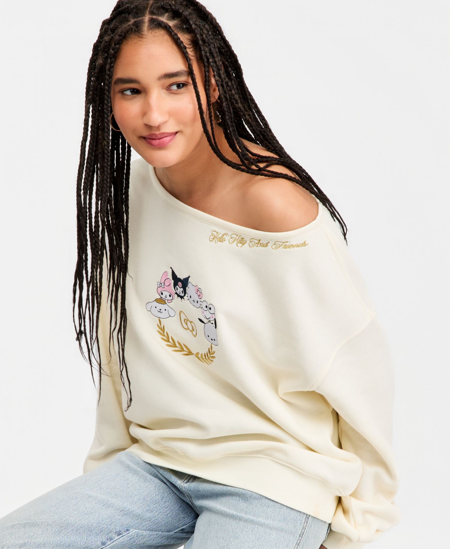 Juniors' Hello Kitty & Friends Off-The-Shoulder Fleece Sweatshirt