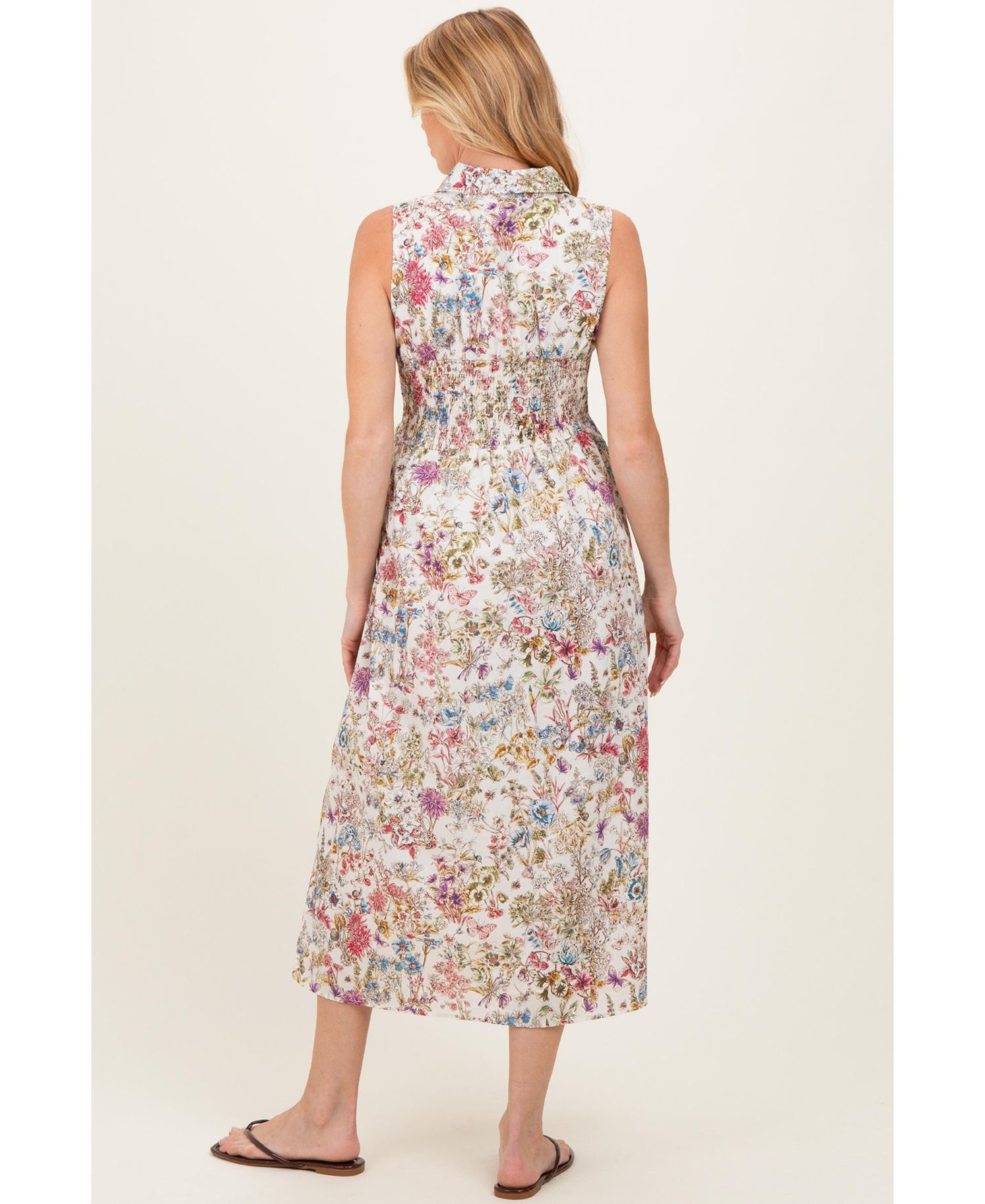 Women's Multicolor Garden Print Sleeveless Shirt Dress